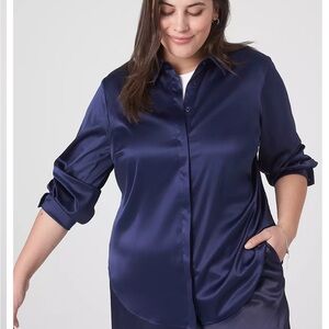 Lane Bryant Midnight Blue Satin Button Down Shirt
